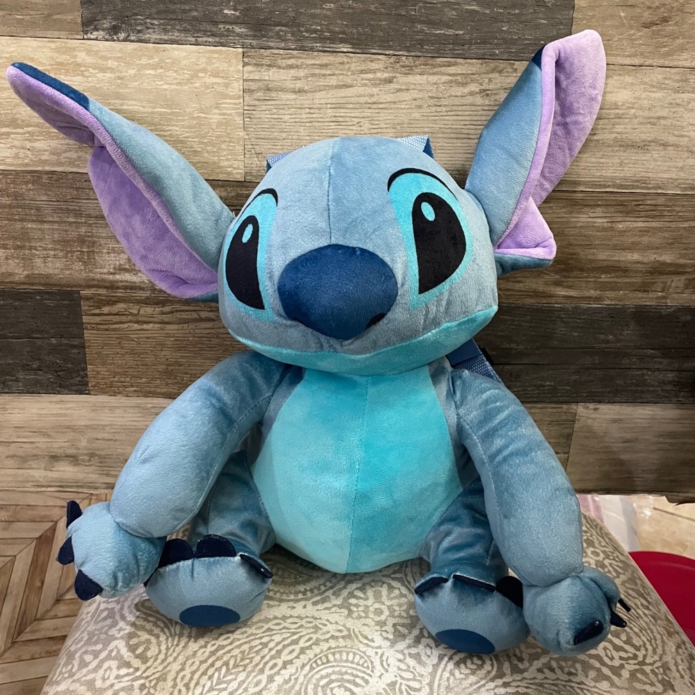 Disney Stitch Plush Backpack Bag Blue Purple Ears Zippered Pocket Cute Toy